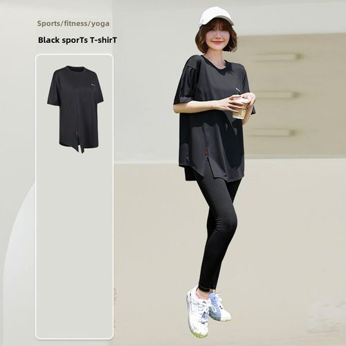 Tenue De Yoga Pour Femmes Grande Taille Ensemble D'été À Manches Courtes Pour Fitness Et Sport Coupe-Vent Noire Taille M
