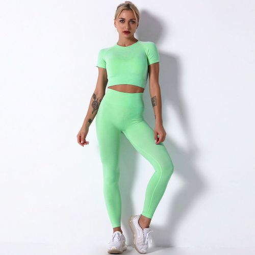 Ensemble De Vêtements De Yoga Pour Femmes En Tricot Sans Couture Ins De Style Européen Et Américain Disponible En Stock Avec Haut À Manches Courtes Et Pantalon Long Vert Fruit