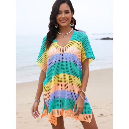 Robe De Plage Pour Femmes En Tricot Machine Avec Rayures Et Carreaux Couleur Croisée Style Européen Et Américain Taille Unique Couleur Uniforme