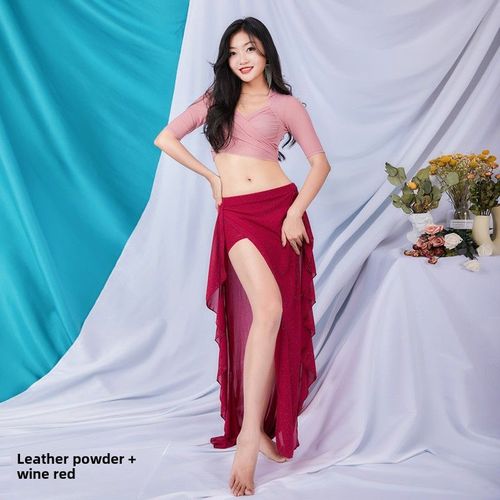 Costume De Danse Du Ventre Pour Femmes De La Marque Danseuse Nouveau Ensemble Automne Tiède Vêtements De Performance Et D'entraînement 5553 Couleur : Combinaison En Cuir Rose+Vin Rouge Ensemble Haut+Jupon Taille S