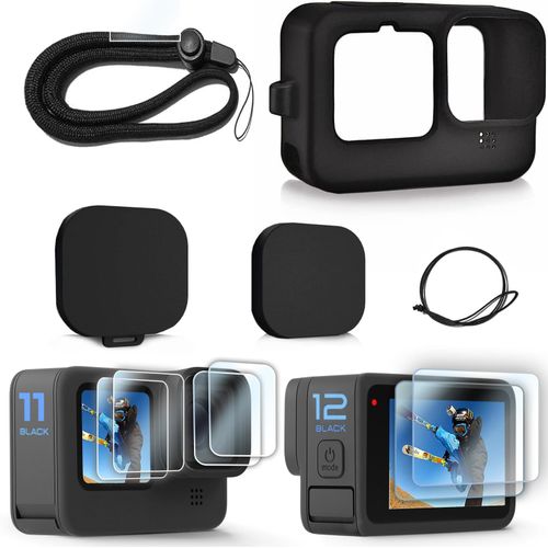 étui de protection en silicone pour Go pro Hero 12/Hero 11/Hero 10/Hero 9 Black, capuchon d'objectif, protecteur d'écran et lanière pour Go pro Hero 12 Hero 11 Hero 10 Hero 9 Black kit