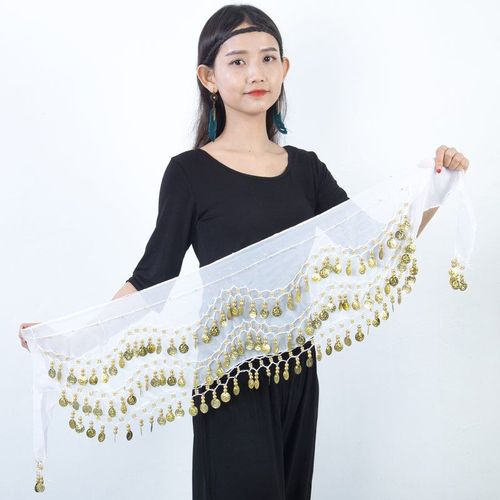 Ceinture De Danse Du Ventre En Glands Avec Accessoires De Foulard Et Chaîne De Soie À Trois Couches Pour Danse Indienne 128 Pièces En Stock Couleur Blanche Taille En Pièces D'or