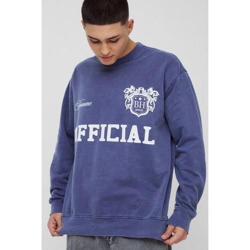 Sweat Oversize Universitaire Délavé À Imprimé Graffiti Homme - Bleu - Xs, Bleu