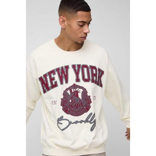 Sweat Oversize Universitaire À Imprimé New York Homme - Ecru - Xs, Ecru