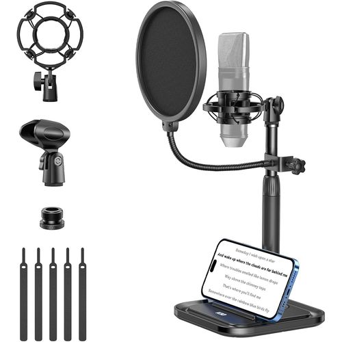 Pied Micro Bureau Avec Support Téléphone, Support Micro Réglable 2 En 1 Avec Filtre Anti-Pop, Support De Choc, Clip De Microphone, Adaptateur À Vis De 3/8¿ À 5/8¿ Pour Blue Yeti Snowball Ice[X245]