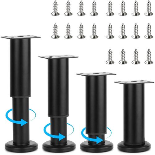 Lot de 4 pieds de meubles réglables de 12 à 18 cm - En métal noir - Pieds de support de rechange - Pieds d'armoire - Pieds de table avec 20 vis - Pour meubles, canapé, lit, table de chevet,.[G992]