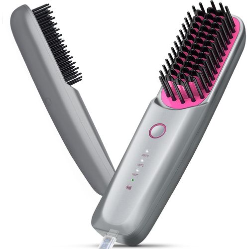 Brosse Lissante Pour Cheveux Sans Fil,Mini Brosse Lisseur Cheveux Chauffante Portable Pour Voyage,6400 Mah Peigne De Coiffage Lisseur À Ions Rechargeable,Conception Anti-Brûlure