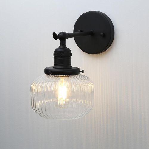 Vintage Industriel Applique Murale E27 Luminaires Intérieur Abat-jour en Verre Côtelé Ø16CM Lampe Murale pour Salon,Cuisine, Salle de bain,Miroir (Noir)