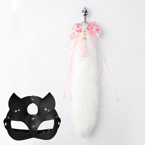 Plug Anal Foxtail Avec Masque De Chat Stimulateur De Fesses En Acier Inoxydable Extra Long Pointe Effilée Perles Anales Bdsm Sex Toy (White)