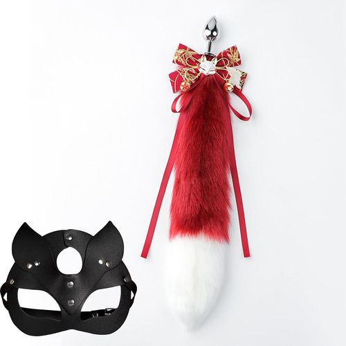 Plug Anal Foxtail Avec Masque De Chat Stimulateur De Fesses En Acier Inoxydable Extra Long Pointe Effilée Perles Anales Bdsm Sex Toy (Red And White)