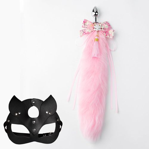 Plug Anal Foxtail Avec Masque De Chat Stimulateur De Fesses En Acier Inoxydable Extra Long Pointe Effilée Perles Anales Bdsm Sex Toy (Pink)
