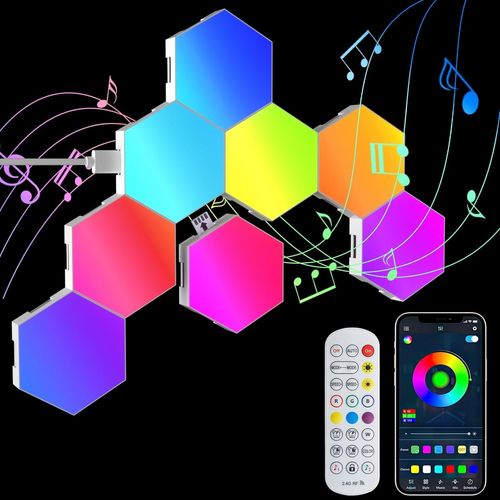 Panneau Led Hexagone Gaming Murale Lampe, 8pcs Sync Avec Musique Smart Rgb Modulaires Light Avec App Telecommande, Creative Appliques Murales Pour Decoration Chambres Salle De Jeux