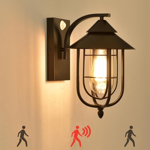 Applique Murale Vintage Avec Detecteur De Mouvement, Applique Terrasse Noir Métal Cage, Étanche Luminaire Exterieur Abat-Jour Verre, E27 Lanterne Murale Extérieure, Pour Jardin Interieur Patio