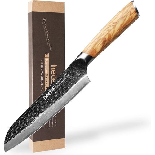 Couteau De Santoku Damas 18cm, Couteau Japonais Professionnelle En Acier Damas 67 Couches, Couteaux De Cuisine Forgé À La Main Avec Manche En Bois D'olivier