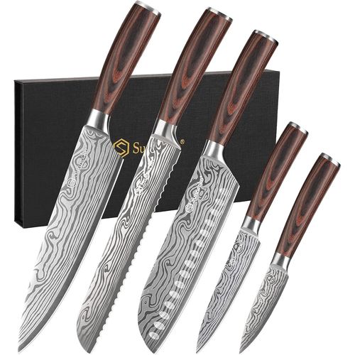 Set Couteau Cuisine Professionnel - Couteaux De Cuisine Japonais 5 Pièces En Acier Inox Lasé, Couteau Office Chef Santoku Pain Légume