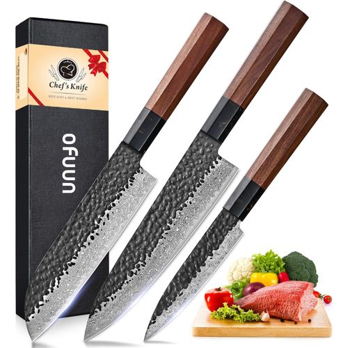 Ensembles De Couteau Cuisine Damas, 3 Pièces Set Couteau Cuisine En Acier À Haute Teneur En Carbone Vg10 - Couteau De Chef 20cm, Couteau Santoku 18cm, Couteau Universel 12,6cm