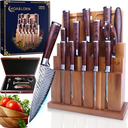 15 Pièces De Set De Couteaux Cusine,Ensemble De Couteaux Avec Bloc,Couteau Cuisine Professionnelle Avec Porte Couteaux De Cuisine,5 Tire-Bouchons Avec Une Boîte En Bois