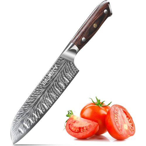 Couteau Japonais Santoku Knife Couteau De Chef Longueur De Lame 17,6 Cm En Acier Au Carbone Allemand Manche En Bois Marron