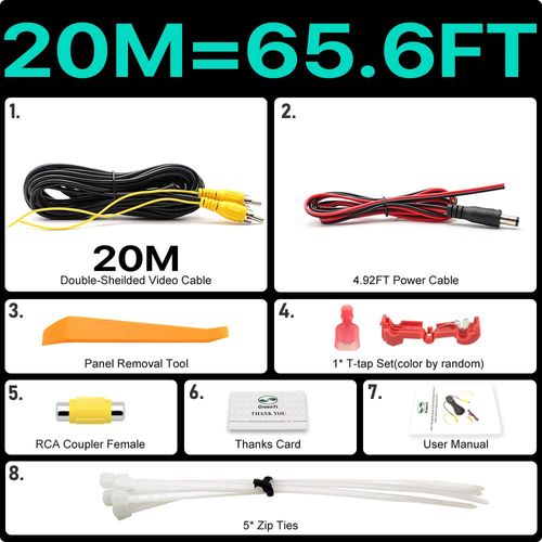 câble vidéo RCA à Double blindage amélioré,Extension AV 6m 10m 15m 20m pour moniteur et caméra de recul- 20M-F379243