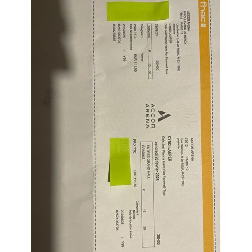 E-Ticket Concert Cindy Lauper A L’Accor Arena A Paris Le 28 Fevrier 2025 A 20h00. Place Dans Les Gradins P13 30 Entrée Grand Hall