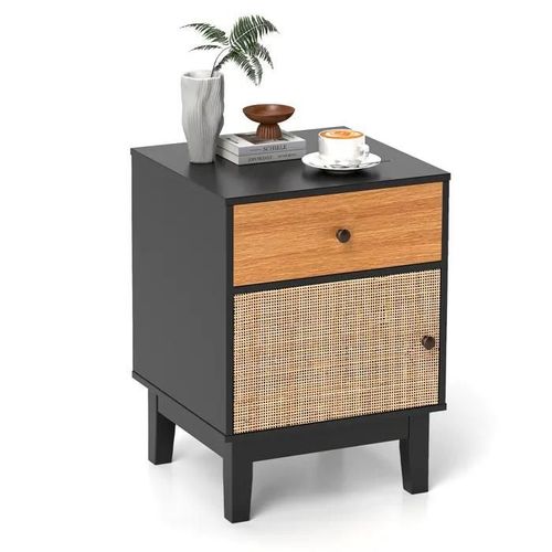 Costway Table De Chevet Avec Tiroir Et Porte, Pieds En Bois, Table De Nuit Rétro Pour Salon, Chambre, 40 X 39 X 55 Cm