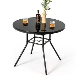 Costway Table Ronde De Jardin De 86 Cm, Verre Trempé, Trou Pour Parasol 3,5 Cm, Cadre En Métal Robuste, Pour Patio Balcon Terrasse