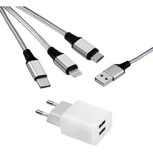 Chargeur Usb Multi 3 En 1 De Voyage Universel, Chargeur Iphone, Prise Usb C Et Chargeur Micro Usb - Adaptateur Prise Usb + Câble De Charge Universel 3 En 1 Usb Vers Micro Usb/Usb-C/Lightning