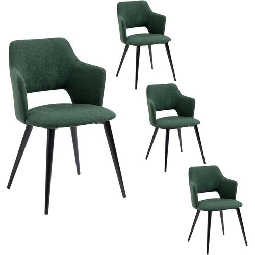 Lot De 4 Chaises De Salle À Manger Rétro Fauteuil Avec Accoudoirs Assise Rembourrée En Tissu Pieds En Métal Pour Cuisine Salon Chambre Bureau, Acier Allié, Vert, 48x54,5x80cm