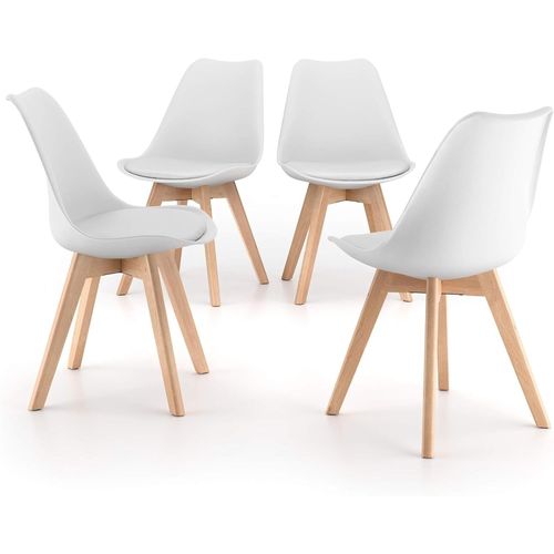 Lot De 4 Chaises De Salle À Manger Ou Bureau Avec Pieds En Bois De Hêtre Et Coussin Souple En Similicuir | Dim: 50x48x 82 H Cm | (Blanc)