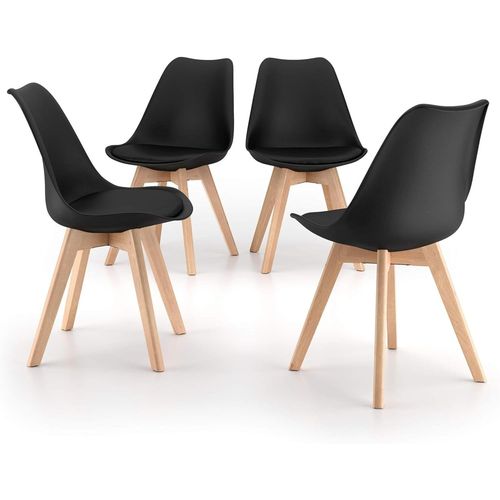 Lot De 4 Chaises De Salle À Manger Ou De Bureau Avec Pieds En Bois De Hêtre Et Coussin Doux En Similicuir | Dim: 50x48x 82 H Cm | (Noir)
