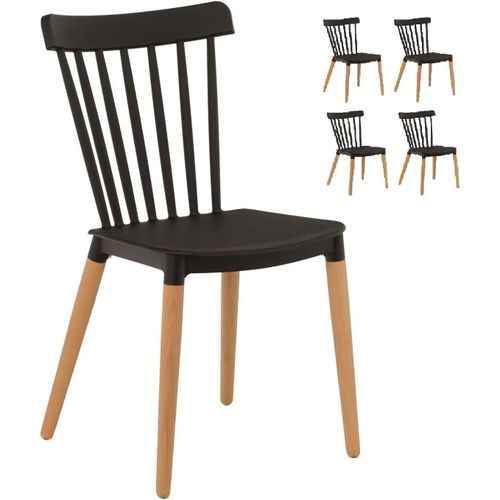 Lot De 4 Chaises Noires Style Scandinave À Barreaux Modèle Pop Avec Coque En Résine Noire Et Pieds En Bois Naturel