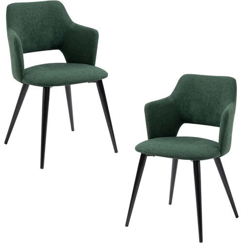 Lot De 2 Chaises De Salle À Manger Rétro Fauteuil Avec Accoudoirs Assise Rembourrée En Tissu Pieds En Métal Pour Cuisine Salon Chambre Bureau, Acier Allié, Vert, 48x54,5x80cm