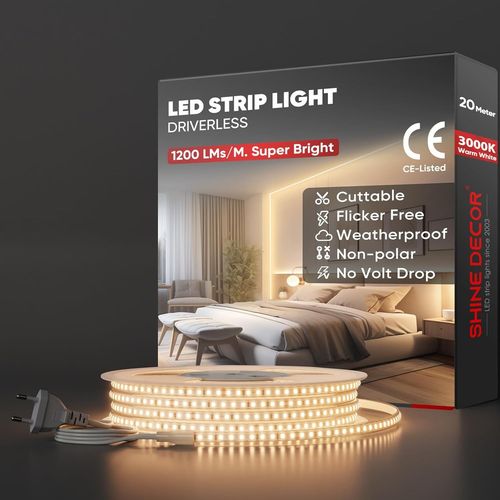 20m Bande Lumineuse Led, 220v Autocollante Silicone Bande Led Étanche Ip65, Smd 2835 120 Leds/M Ultra Haute Luminosité Pour Décoration Maison Cuisine Jardin Eclairage Led (Blanc Chaud)