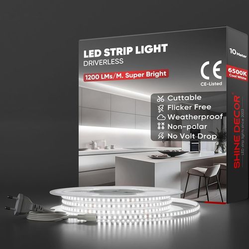 10m Bande Lumineuse Led, 220v Autocollante Silicone Bande Led Étanche Ip65, Smd 2835 120 Leds/M Ultra Haute Luminosité Pour Décoration Maison Cuisine Jardin Eclairage Led (Blanc Froid)