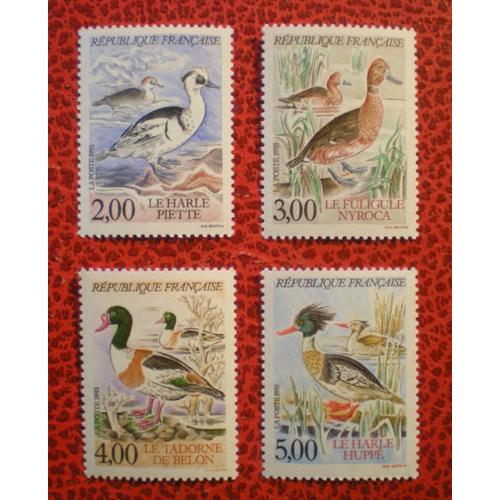 Lot De 4 Timbres Neufs ** - Nature De France - 1993 - Espèces Protégées De Canards - Le Harle Piette, Le Fuligule Nyroca, Le Tadorne De Belon Et Le Harle Huppé - Série Complète