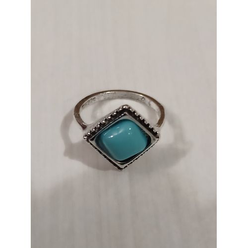 Bague Métal Argenté,Losange Et Perle Turquoise,Taille 17.2