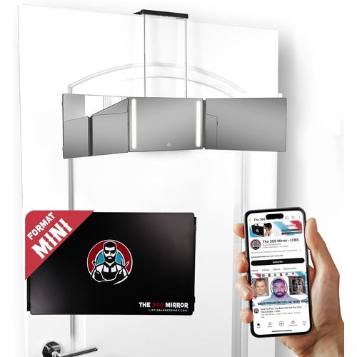 Mini Miroir 360 à LED pour se Couper les Cheveux - Hauteur Réglable avec Crochets - Miroir 3 faces pliable- Miroir de barbier- Miroir Triptyque coiffure Homme (Mini Version)