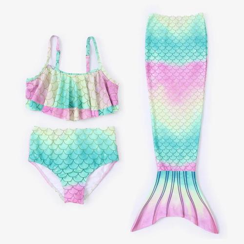 3pcs Todder,Kid Fille Volanté Haut Et Bas Et Maillots De Bain Queue De Sirène Ensemble