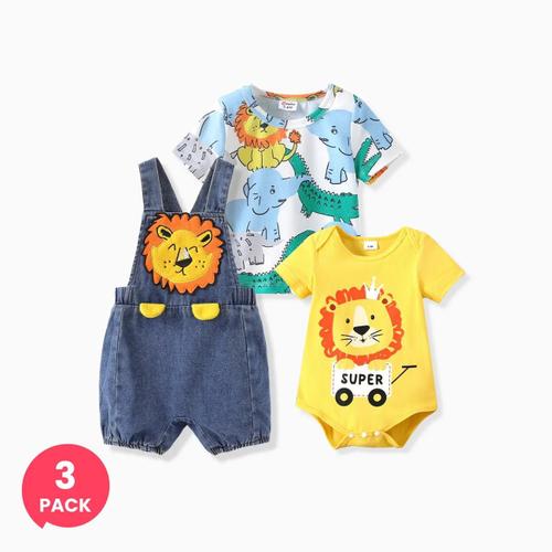 Lot De 3 Bébé Garçon Coloré Animal Lion Imprimé Barboteuse Et Haut Et Lion Applique Salopette En Denim Ensemble