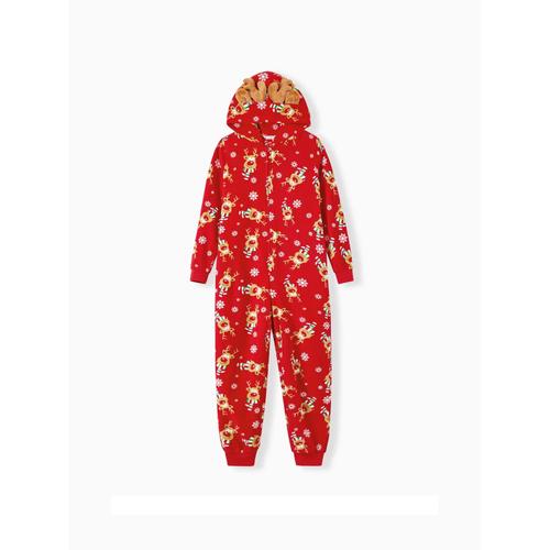 Famille De Noël Assortie Allover Cerf Imprimé 3d Bois De Cerf À Capuche À Manches Longues Rouge Épaissie Polaire Onesies Pyjamas (Ignifuge)