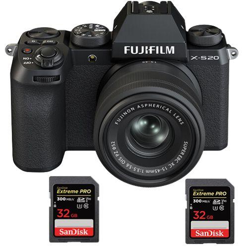 Fujifilm X-S20 Kit 15-45mm Noir+2 SanDisk 32Go Extreme Pro SDHC UHS-II 4K U3 300Mo/s