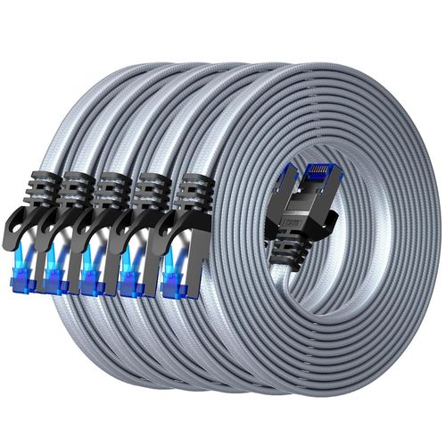 Cat 8 Câble Ethernet 1,5m (5 Pièces), Câble Réseau LAN Gigabit RJ45 Plat Haut Débit, Tressé Cable Internet 40Gbps 2000Mhz Compatible avec PC, Routeurs, Modems