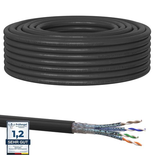Câble de Réseau Extérieur CAT 7 20m - Câble Ethernet CAT7 Gigabit S/FTP, Cuivre, 1000MHz, Câble d'installation Outdoor PIMF POE 10Gbit LAN, AWG 23/1, Noir, Résistant aux UV