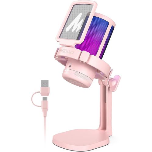 Micro Gaming Rgb, Condensateur Microphone Antibruit Pour Streaming Podcast Studio, Microphone Usb Pour Ps5/Ps4/Mac Avec Éclairage Rgb Contrôlable, Sourdine À Une Touche, Contrôle Du Gain, Rose.[G60]