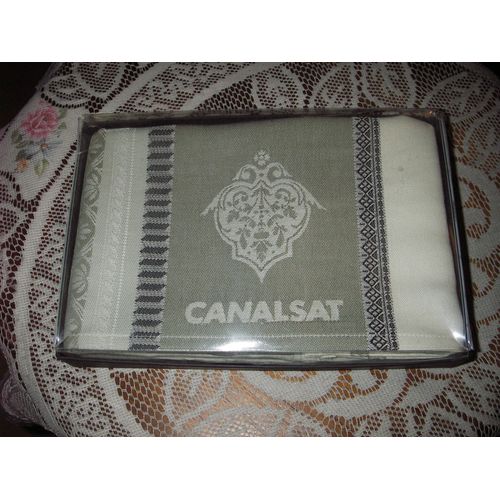Coffret Le Jacquard Français :Un Torchon + Un Essuie Mains Couleur Perle Brodés Canalsat,100% Coton ,Made In France .