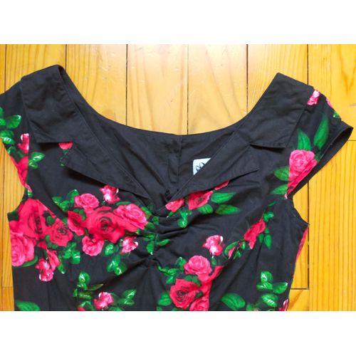 Robe Rétro Hell Bunny Vixen Noire Avec Roses Rouges Xs(-S)