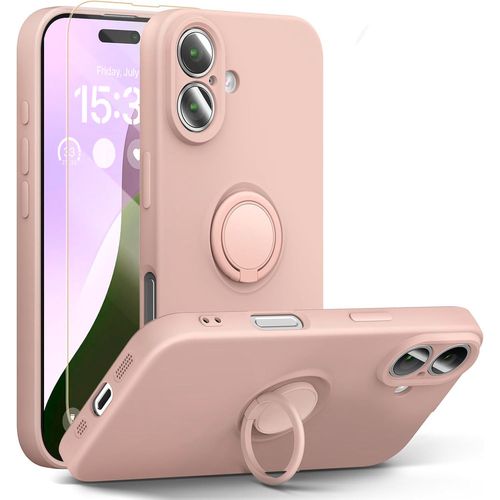 Coque Silicone Pour Iphone 16 Couleur Rose Avec Anneau Support + Verre Trempe Protection Ecran Little Boutik®