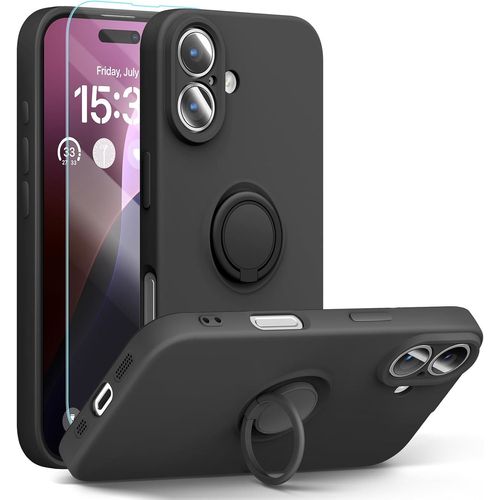 Coque Silicone Pour Iphone 16 Couleur Noir Avec Anneau Support + Verre Trempe Protection Ecran Little Boutik®