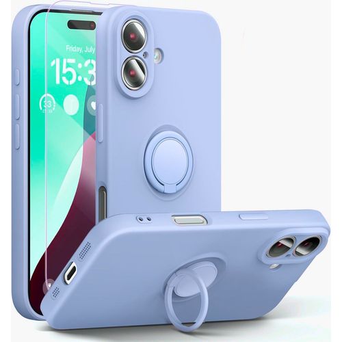 Coque Silicone Pour Iphone 16 Couleur Violet Avec Anneau Support + Verre Trempe Protection Ecran Little Boutik®
