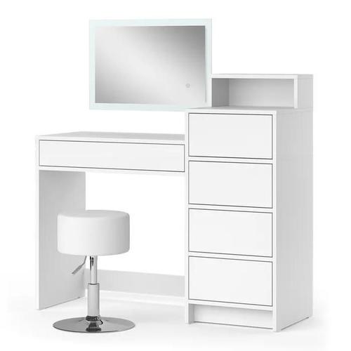 Coiffeuse Naara, 110.5cm Avec Miroir Led Et Tabouret, Blanc, Vicco